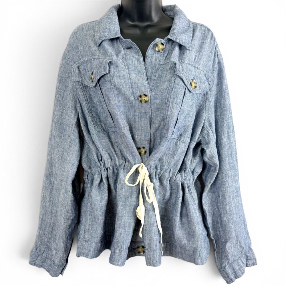 j jill love linen chambray utility jacket button drawstring xl coastal beachcore
